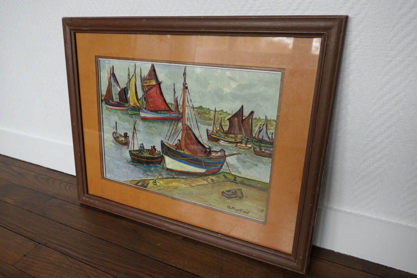 ANCIEN TABLEAU EN RELIEF SIGNE M. MARTINET PEINTURE MARINE BATEAUX PORT