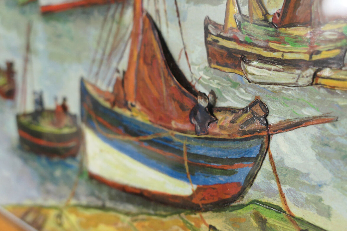 ANCIEN TABLEAU EN RELIEF SIGNE M. MARTINET PEINTURE MARINE BATEAUX PORT