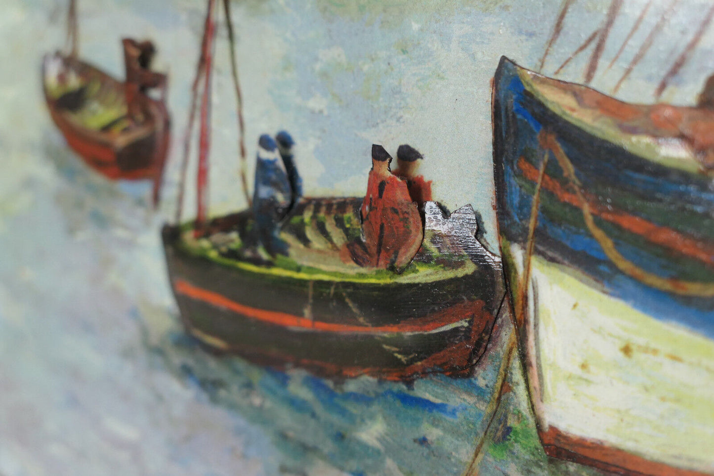 ANCIEN TABLEAU EN RELIEF SIGNE M. MARTINET PEINTURE MARINE BATEAUX PORT
