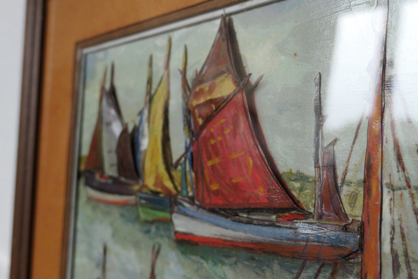 ANCIEN TABLEAU EN RELIEF SIGNE M. MARTINET PEINTURE MARINE BATEAUX PORT