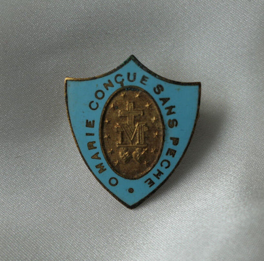 ANCIENNE BROCHE RELIGIEUSE LAITON EMAIL O MARIE CONCUE SANS PECHE