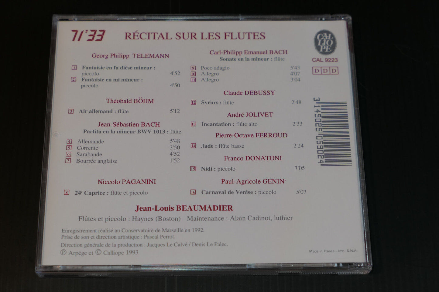 CD JEAN-LOUIS BEAUMADIER / RECITAL SUR LES FLUTES / CALLIOPE 1993