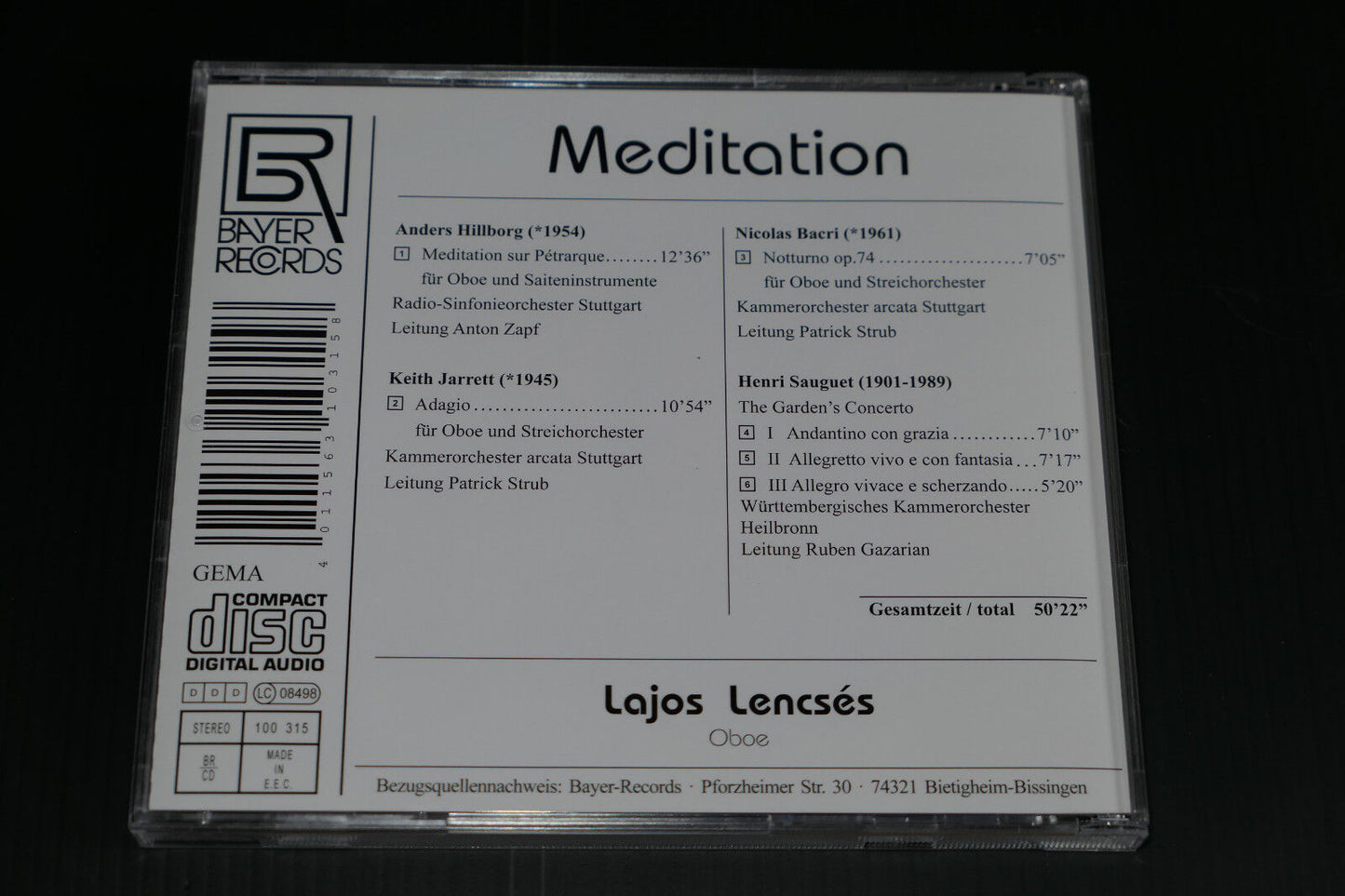 CD MEDITATION / LAJOS LENCSES / HILLBORG JARRETT BACRI SAUGUET / BAYER RECORDS