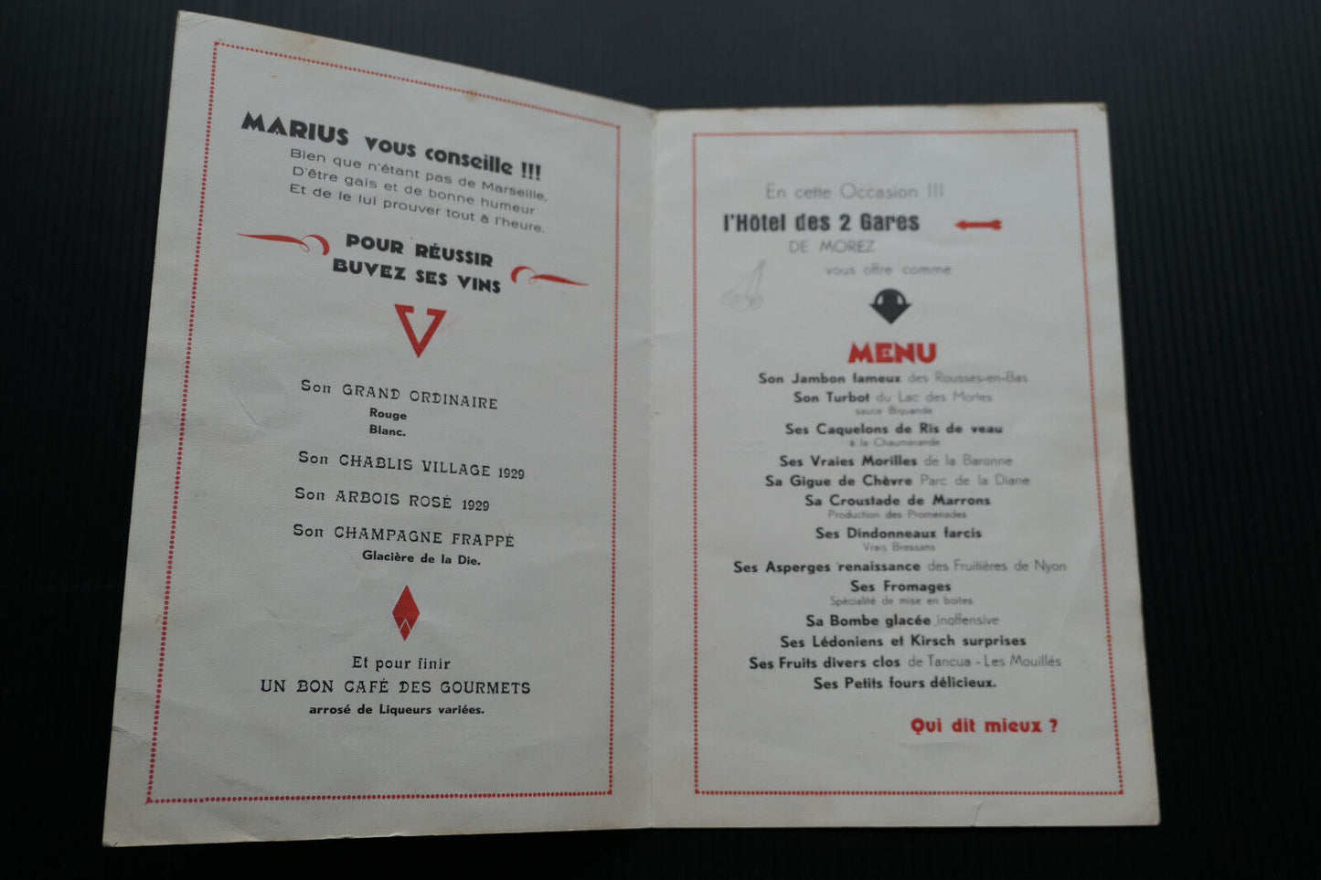 ANCIEN MENU BANQUET ANCIENS ELEVES HOTEL DES 2 GARES MOREZ 1936