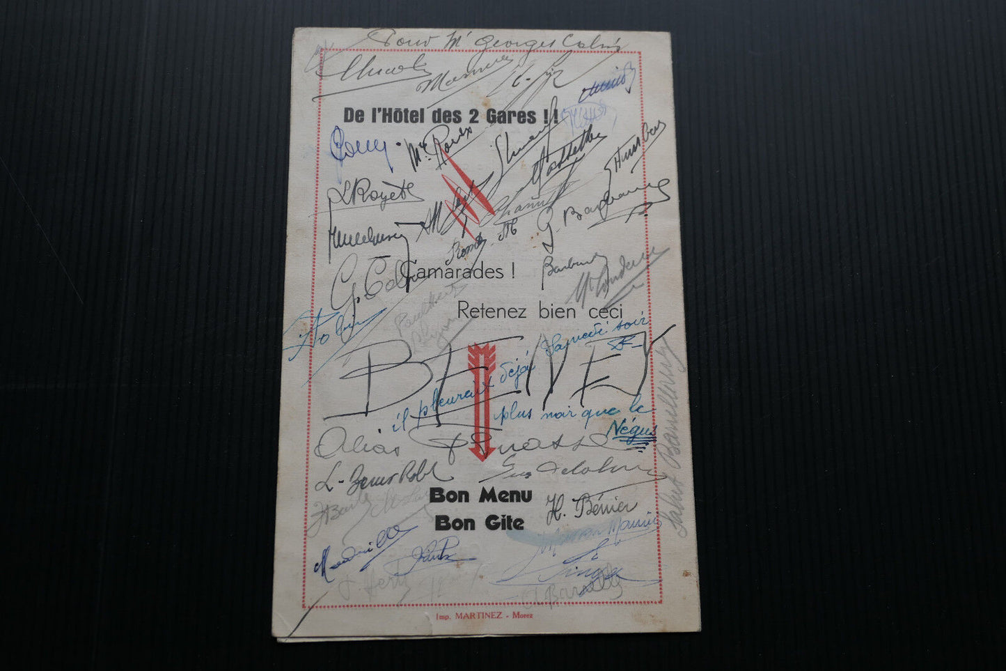 ANCIEN MENU BANQUET ANCIENS ELEVES HOTEL DES 2 GARES MOREZ 1936