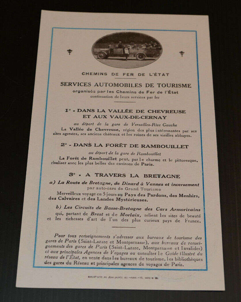 ANCIENNE PUBLICITE EXCURSIONS EN AUTOCARS SUR LE RESEAU DE L'ETAT CIRCA 1930