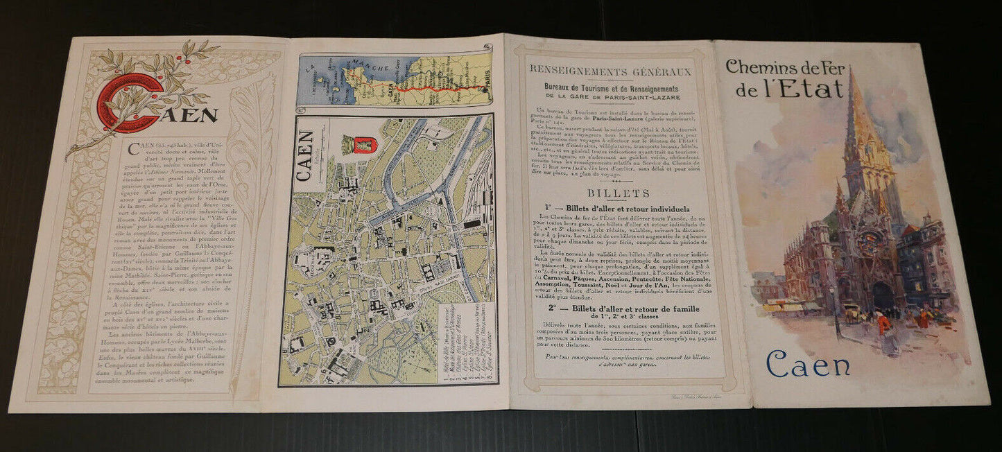 ANCIEN DEPLIANT TOURISTIQUE CHEMINS DE FER DE L'ETAT CAEN CIRCA 1910
