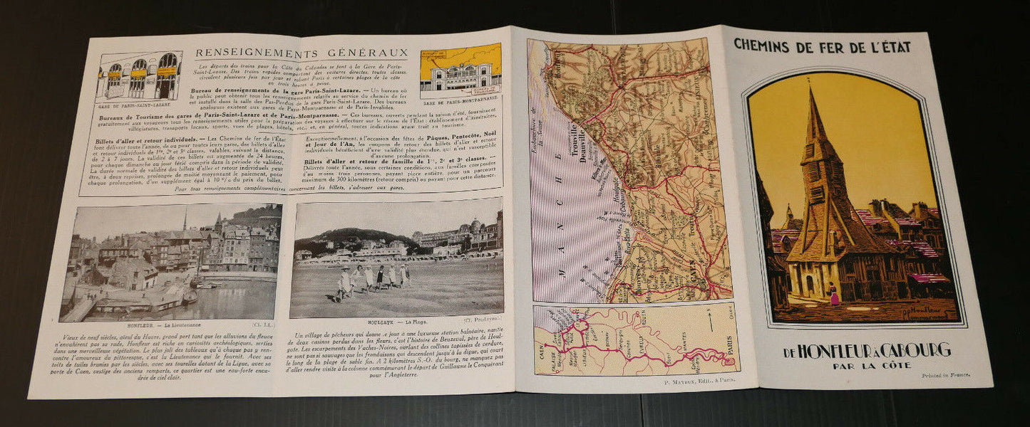 ANCIEN DEPLIANT TOURISTIQUE CHEMINS DE FER DE L'ETAT HONFLEUR CABOURG CIRCA 1910