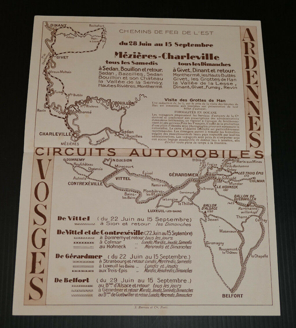ANCIEN DEPLIANT TOURISTIQUE CIRCUITS AUTOMOBILES VOSGES ARDENNES CHEMINS DE FER