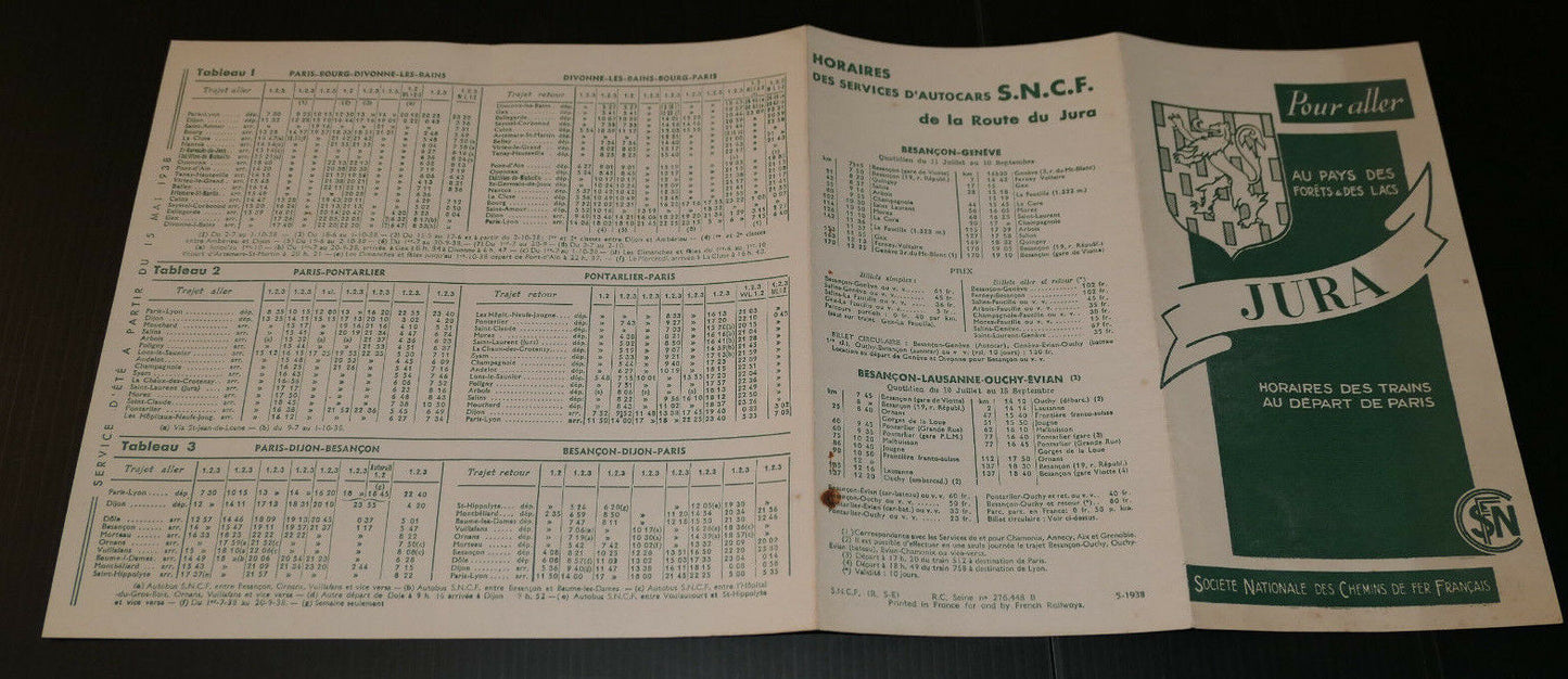 ANCIEN DEPLIANT CHEMINS DE FER SNCF HORAIRES TRAINS PARIS JURA 1938