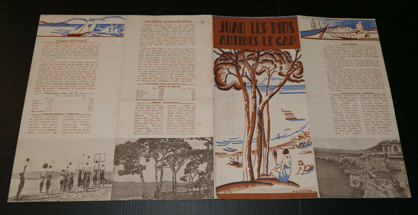 ANCIEN DEPLIANT PUBLICITE JUAN-LES-PINS ANTIBES LE CAP CIRCA 1950 TOURISME