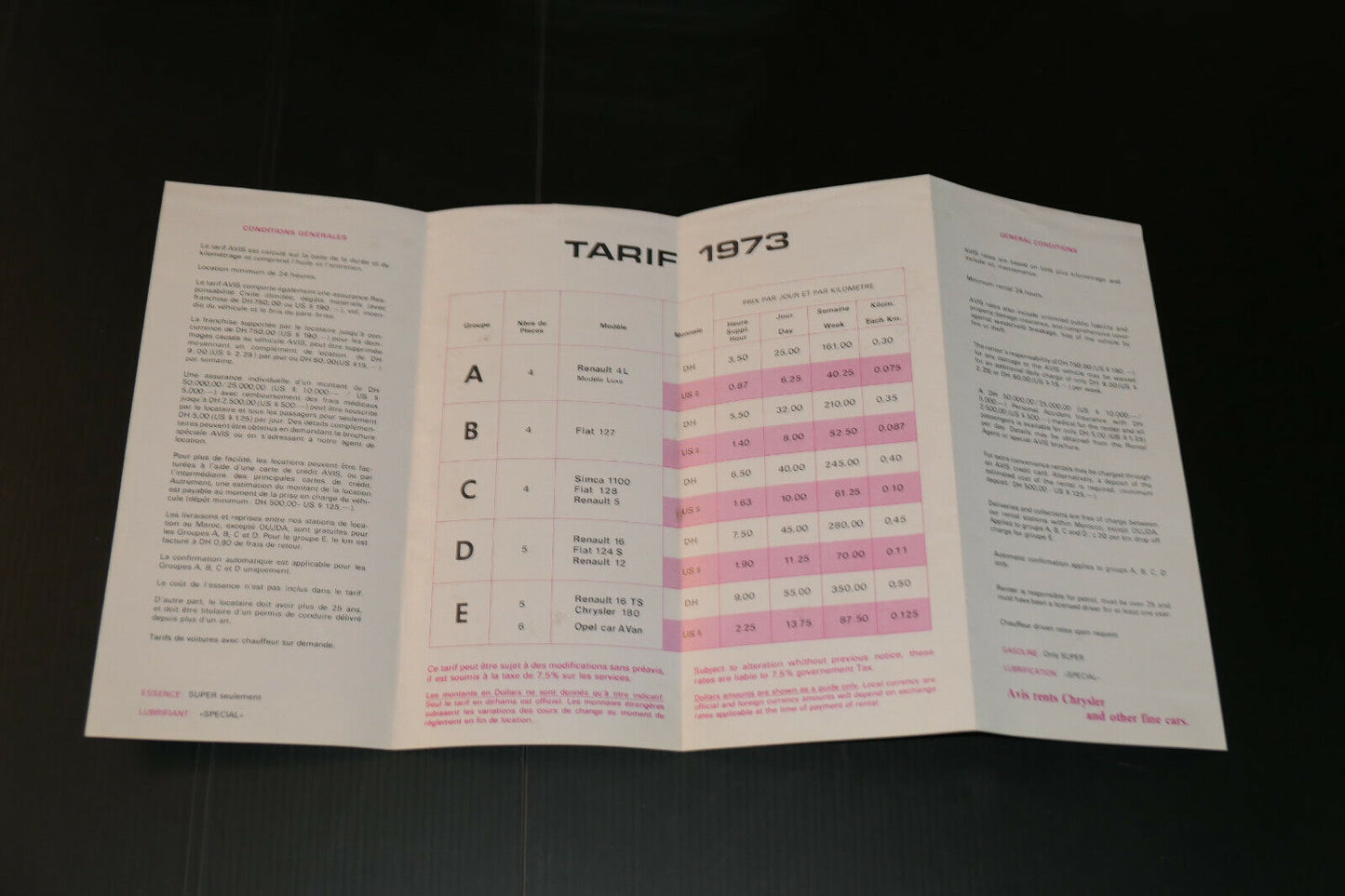 ANCIEN DEPLIANT PUBLICITAIRE AVIS RENT A CAR MOROCCO 1973 RATES