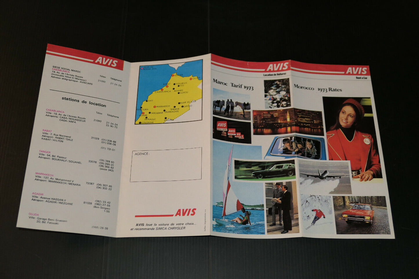 ANCIEN DEPLIANT PUBLICITAIRE AVIS RENT A CAR MOROCCO 1973 RATES