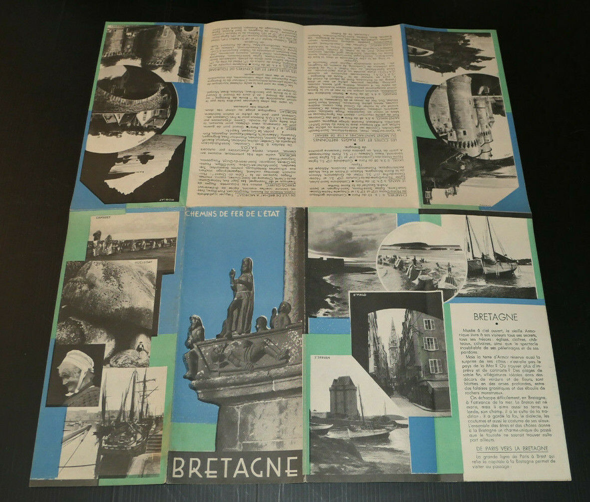 ANCIEN DEPLIANT TOURISTIQUE PUBLICITE TOURISME VOYAGE TRAIN BRETAGNE CIRCA 1930