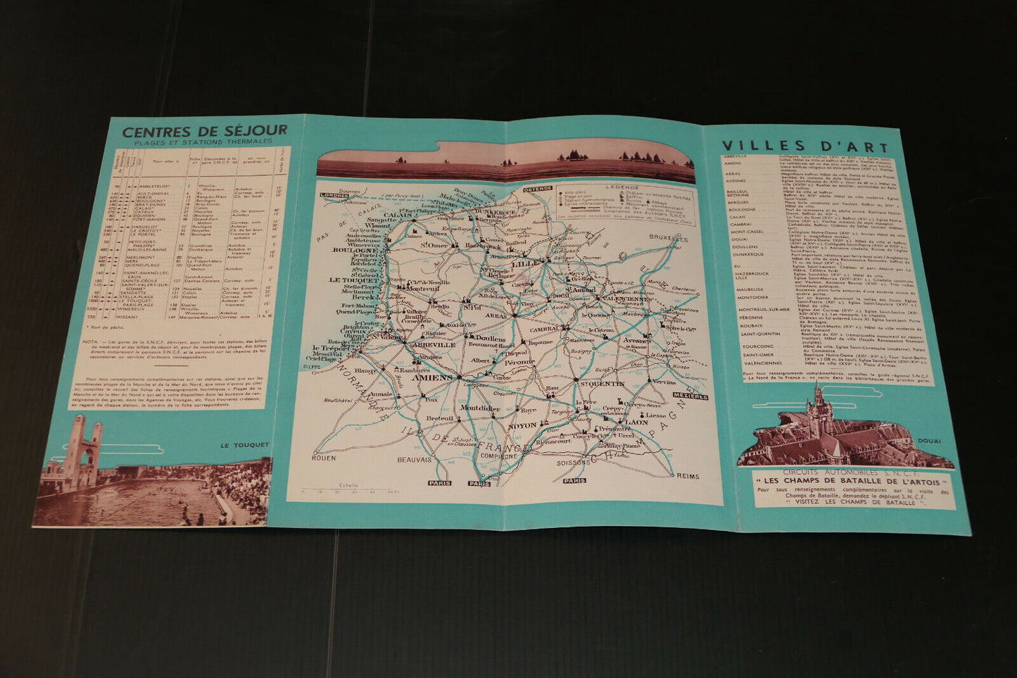 ANCIEN DEPLIANT TOURISTIQUE VOYAGE TRAIN SNCF ARTOIS FLANDRE PICARDIE 1938