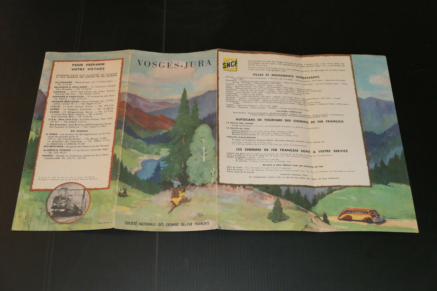 ANCIEN DEPLIANT TOURISTIQUE TOURISME VOYAGE TRAIN SNCF VOSGES JURA 1952