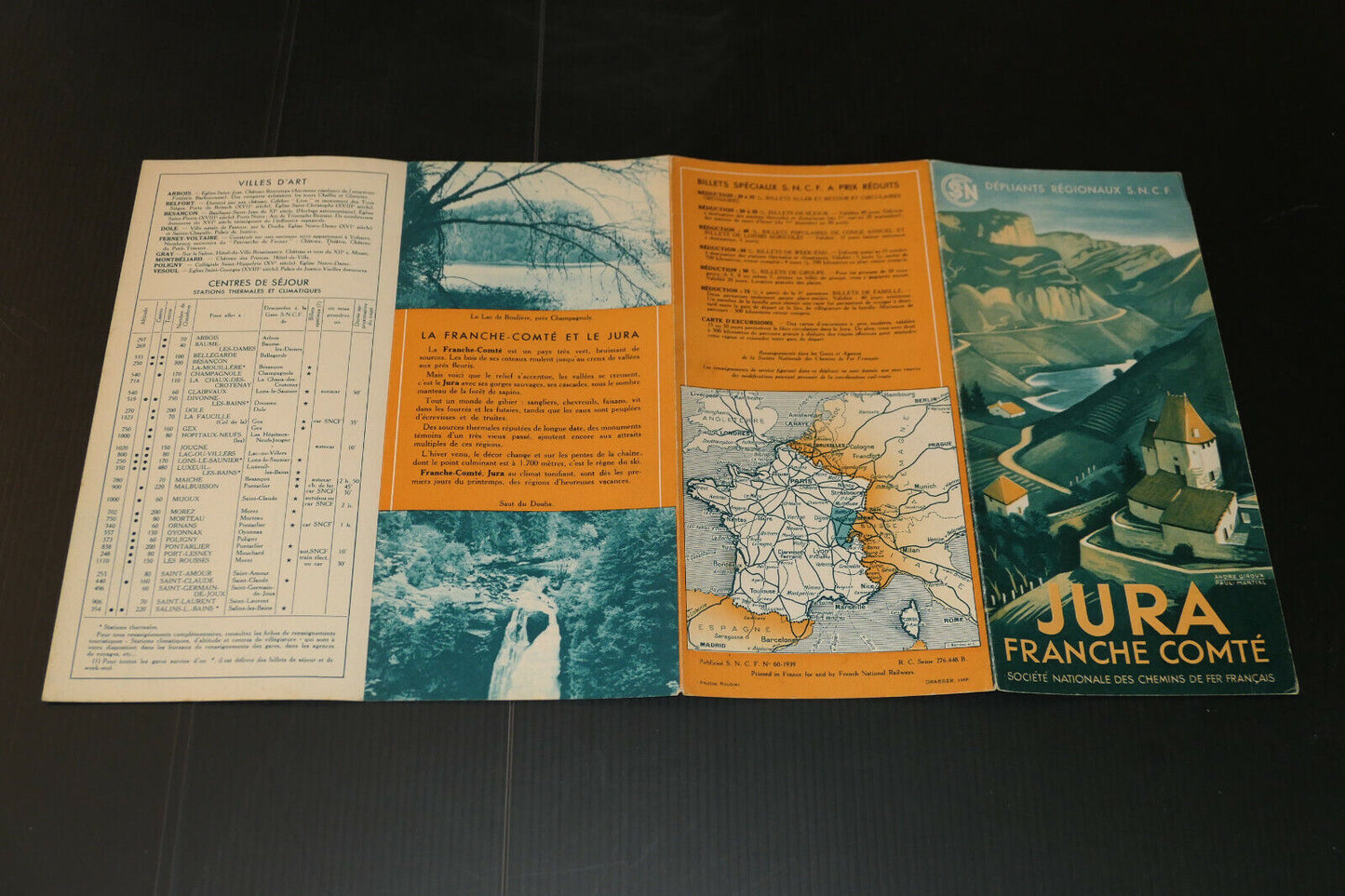 ANCIEN DEPLIANT TOURISTIQUE TOURISME VOYAGE TRAIN SNCF JURA FRANCHE COMTE 1939