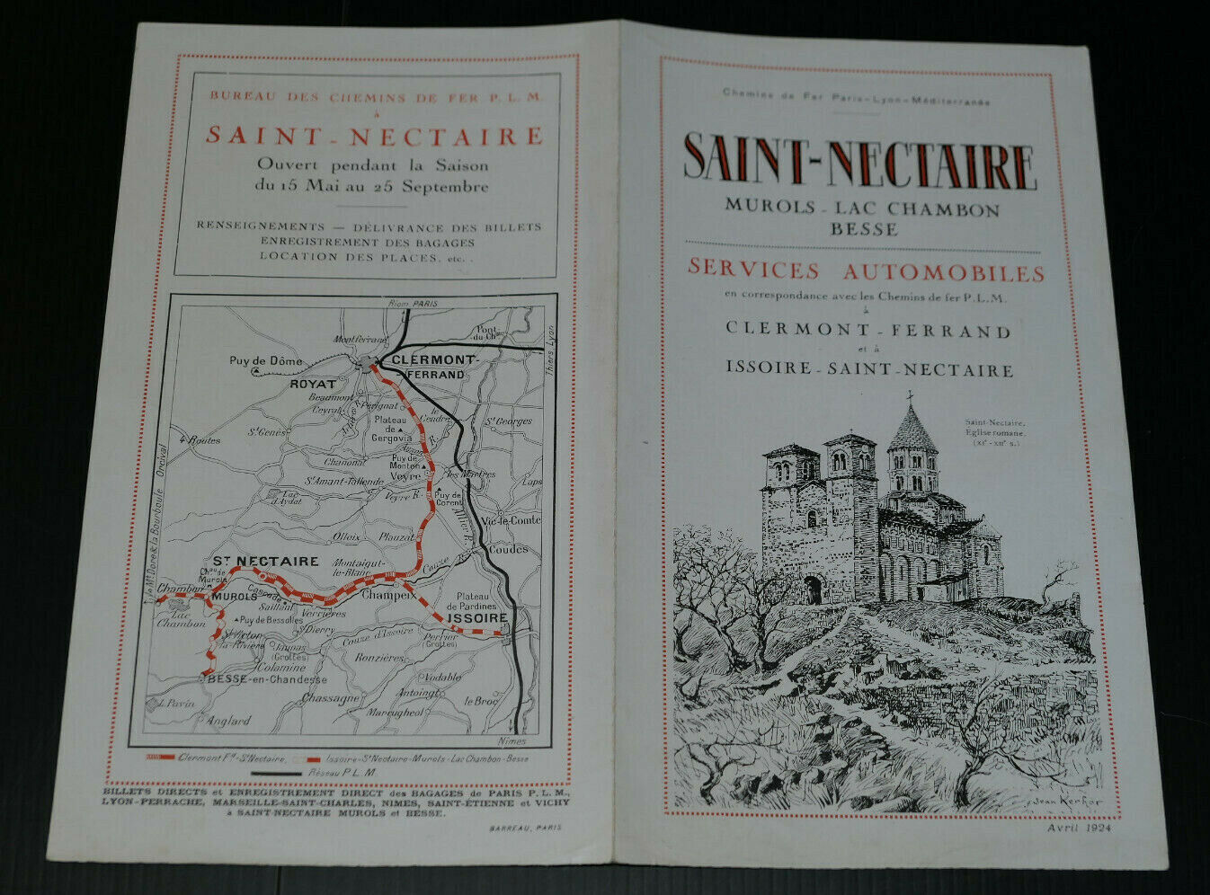ANCIEN DEPLIANT TOURISTIQUE SAINT-NECTAIRE SERVICES AUTOMOBILES AVRIL 1924