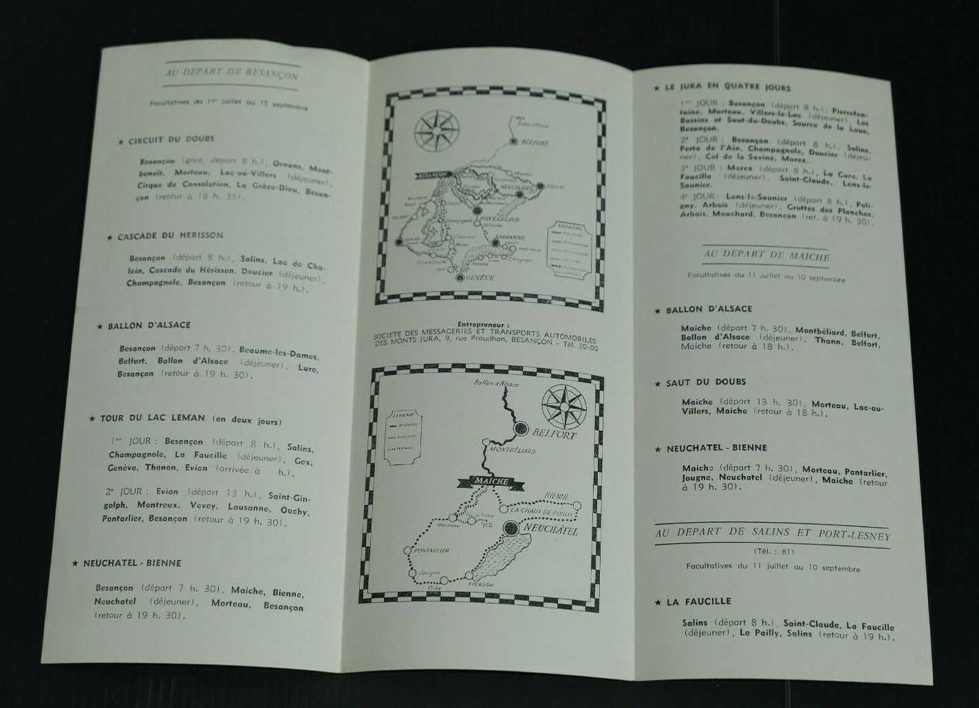 ANCIEN DEPLIANT TOURISME SNCF EXCURSIONS AUTOCARS 1950 BESANCON MAICHE SALINS