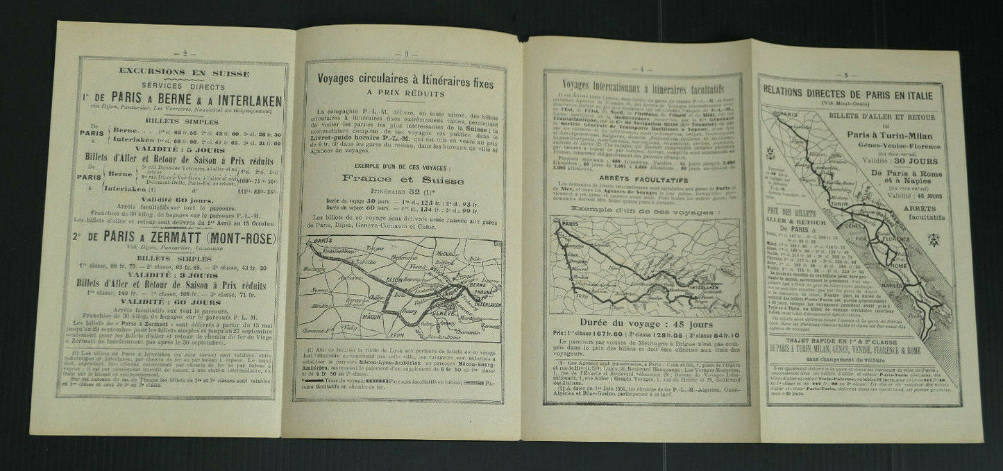 ANCIEN DEPLIANT TOURISME CHEMINS DE FER PLM JUNGFRAU SUISSE ITALIE ETE 1904