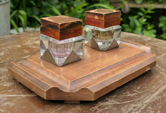 ANCIEN ENCRIER DOUBLE BOIS ET VERRE EPOQUE ART DECO ANNEES 1930