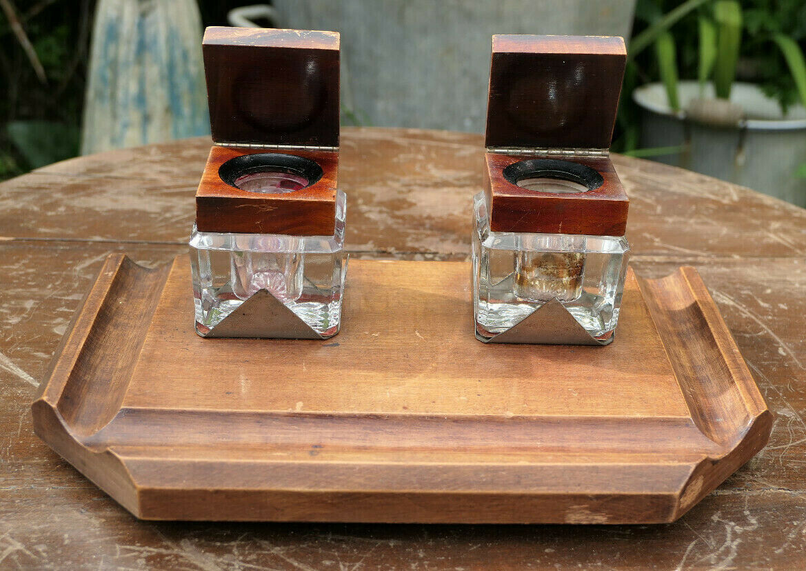 ANCIEN ENCRIER DOUBLE BOIS ET VERRE EPOQUE ART DECO ANNEES 1930