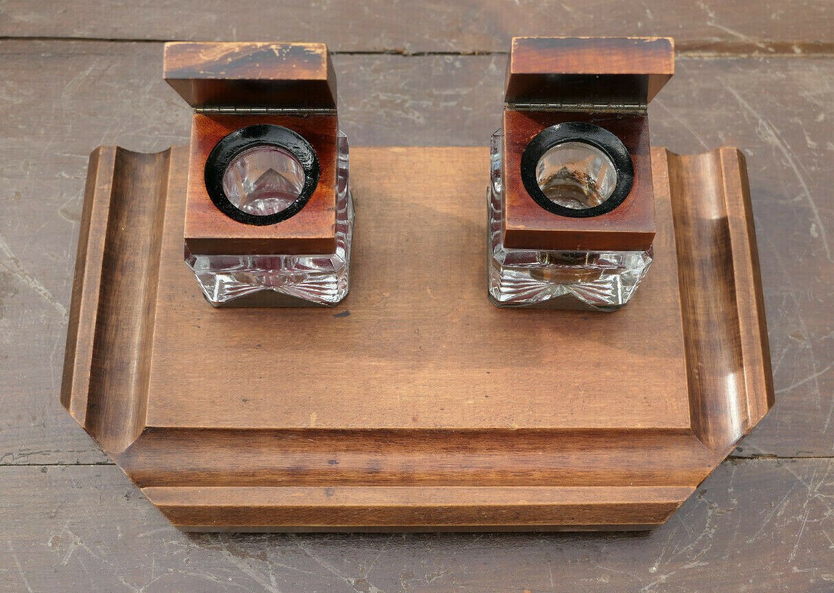 ANCIEN ENCRIER DOUBLE BOIS ET VERRE EPOQUE ART DECO ANNEES 1930