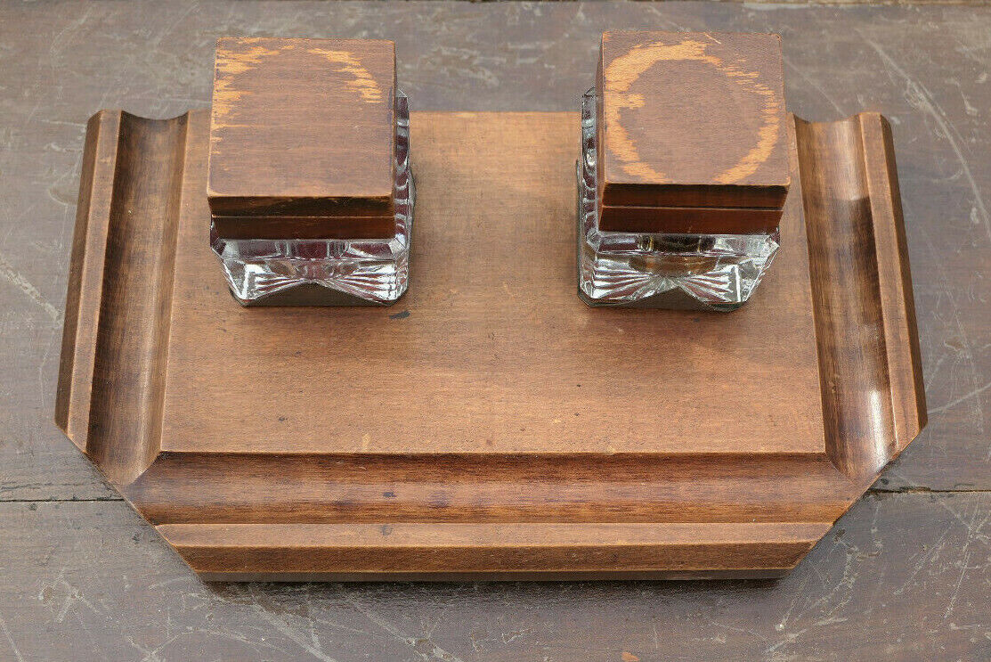 ANCIEN ENCRIER DOUBLE BOIS ET VERRE EPOQUE ART DECO ANNEES 1930