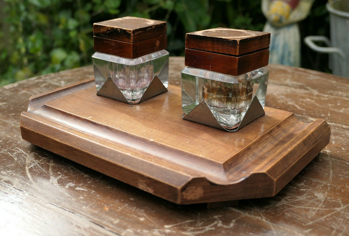 ANCIEN ENCRIER DOUBLE BOIS ET VERRE EPOQUE ART DECO ANNEES 1930