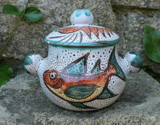 ANCIEN PETIT POT TERRE CUITE DECOR POISSON LANGOUSTE VALLAURIS