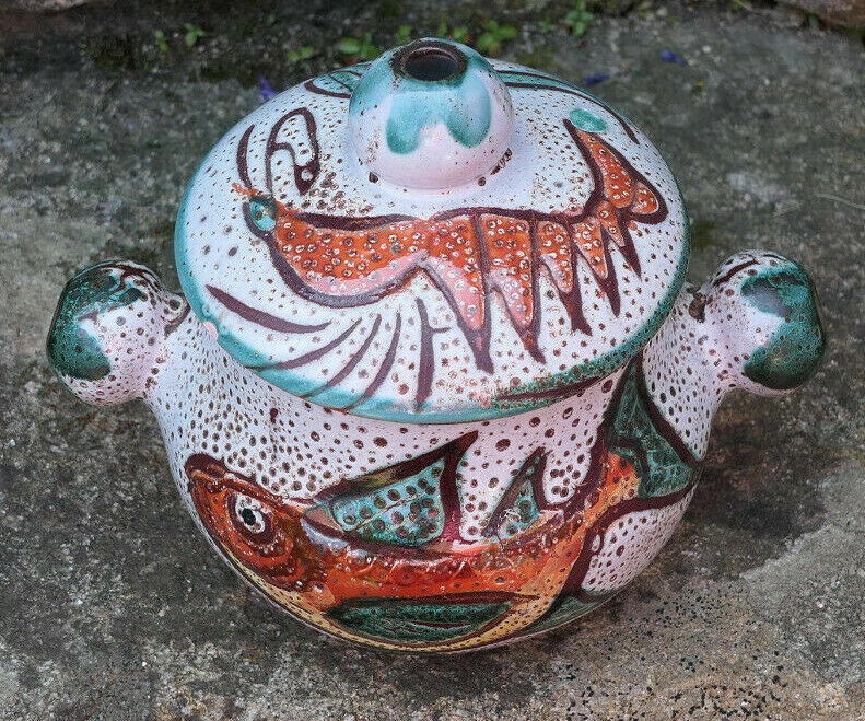 ANCIEN PETIT POT TERRE CUITE DECOR POISSON LANGOUSTE VALLAURIS