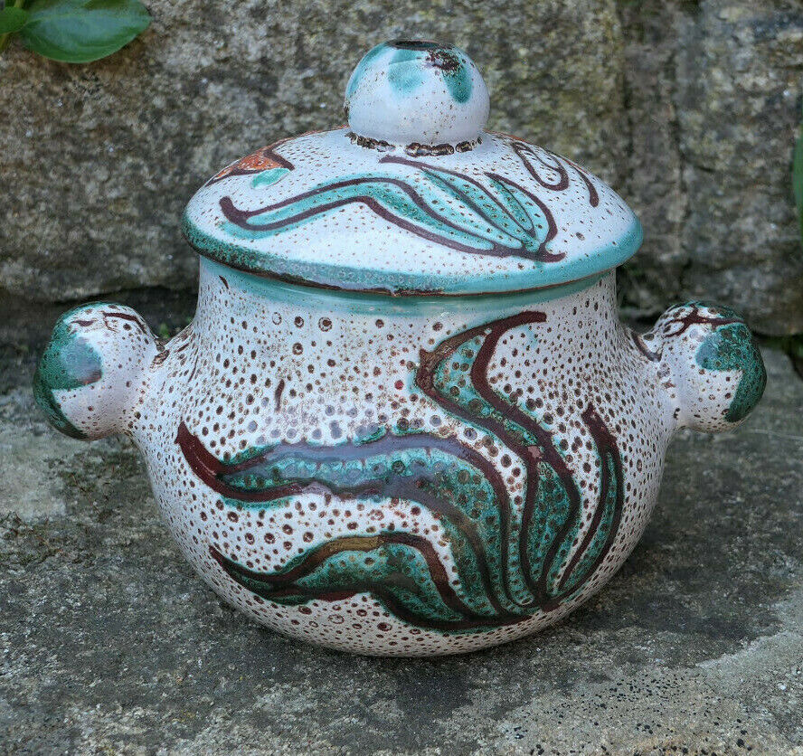 ANCIEN PETIT POT TERRE CUITE DECOR POISSON LANGOUSTE VALLAURIS
