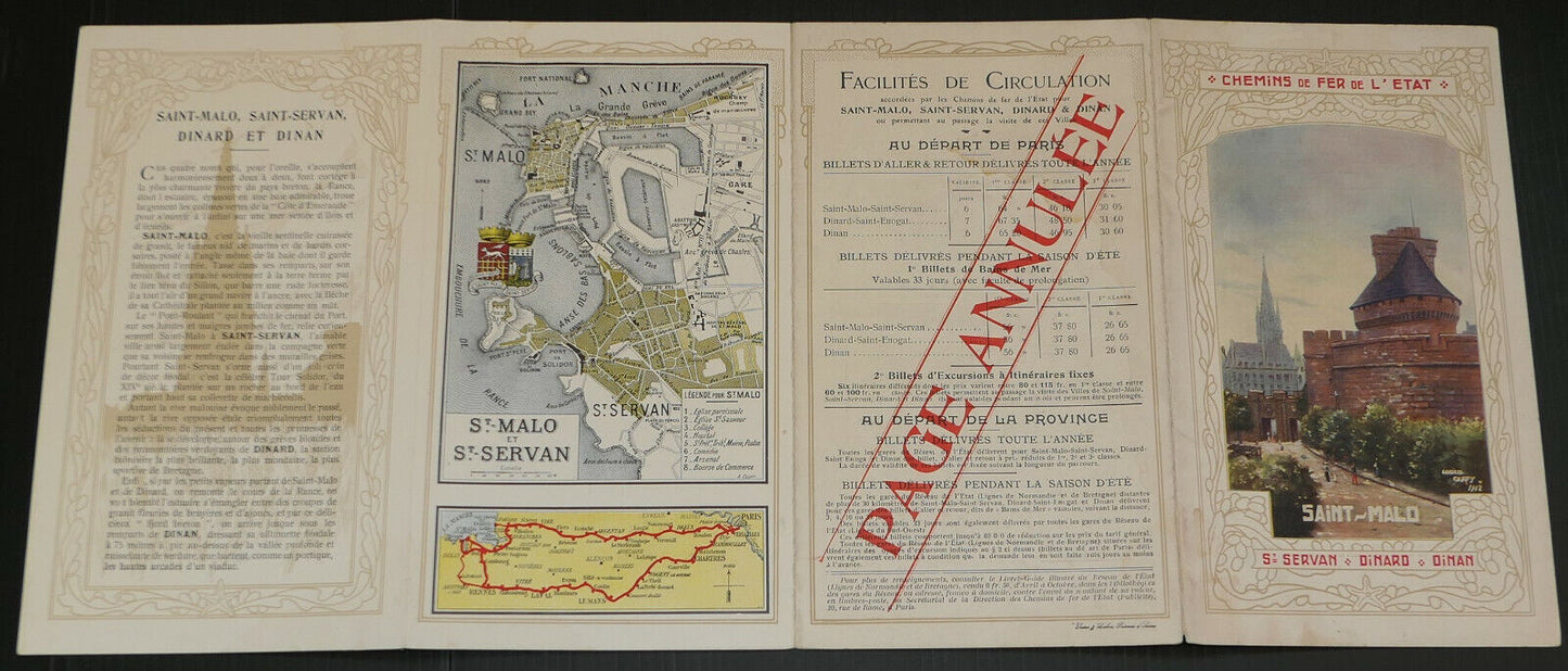 ANCIEN DEPLIANT CHEMINS DE FER DE L'ETAT SAINT-MALO ST-SERVAN DINARD DINAN 1912