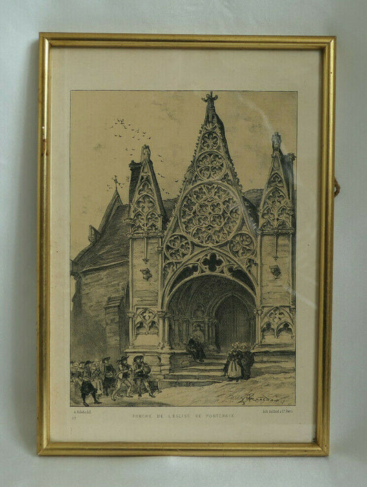 ANCIENNE LITHOGRAPHIE PORCHE DE L'EGLISE DE PONT-CROIX FINISTERE ROBIDA BELFOND