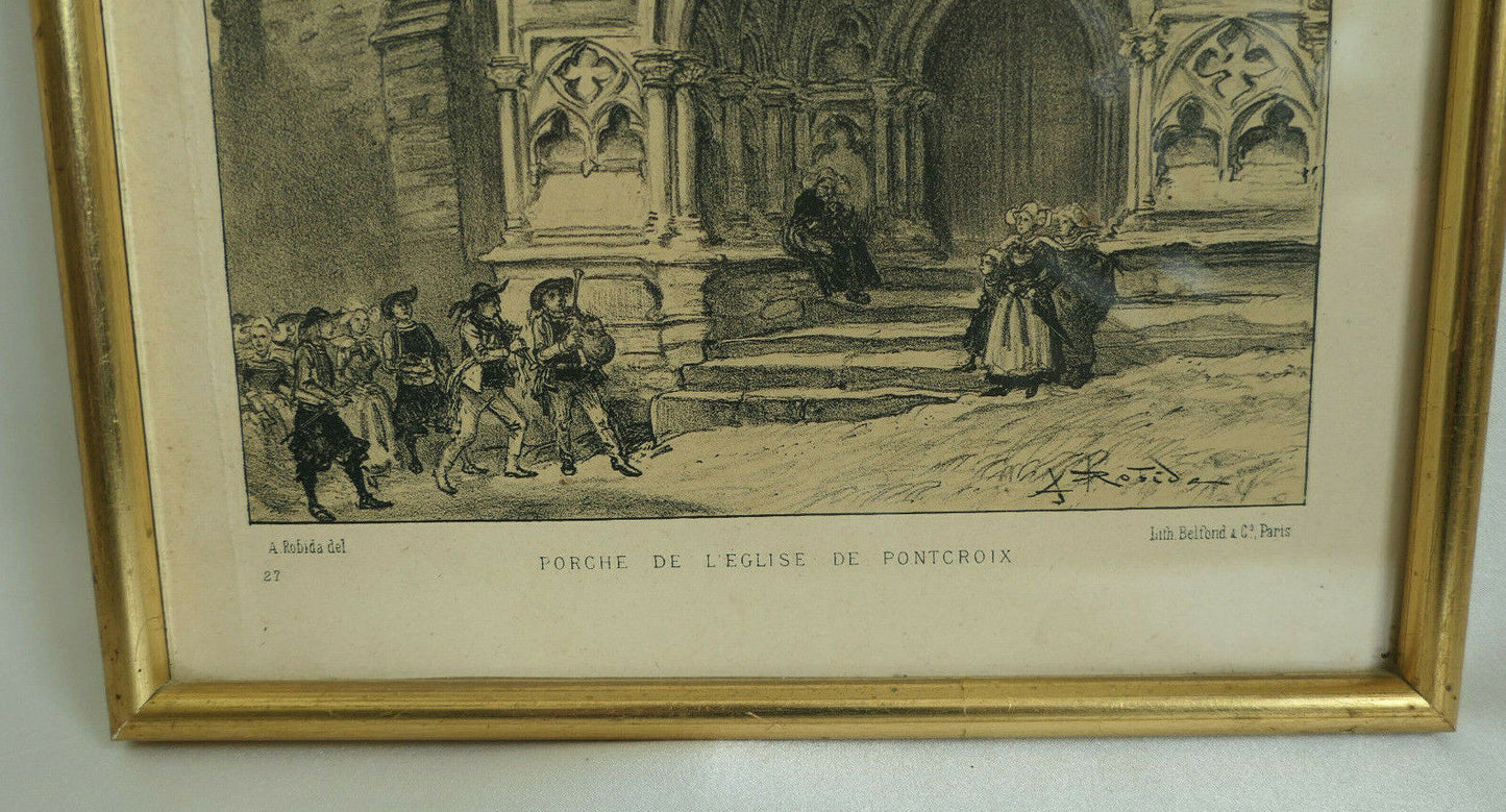 ANCIENNE LITHOGRAPHIE PORCHE DE L'EGLISE DE PONT-CROIX FINISTERE ROBIDA BELFOND