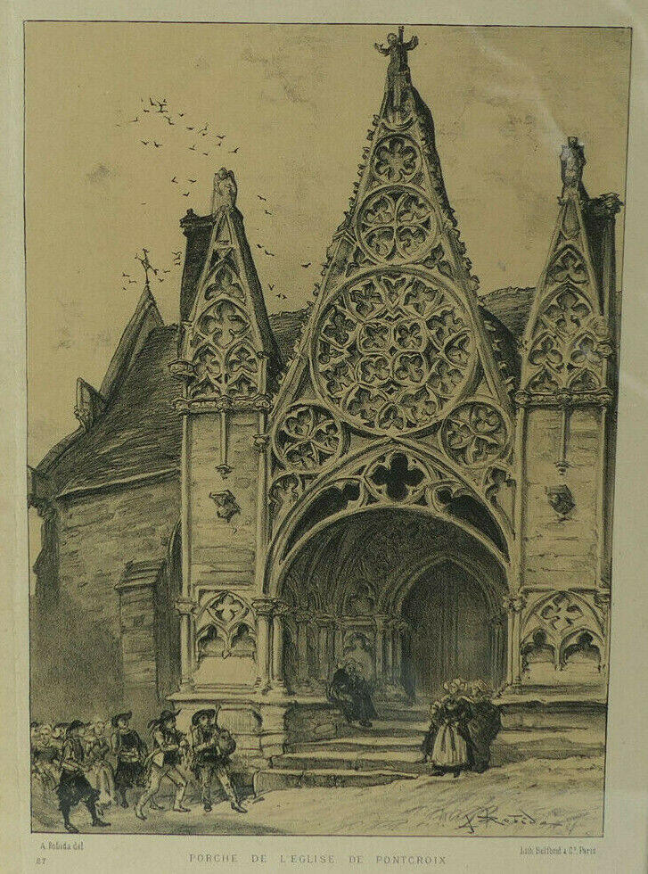 ANCIENNE LITHOGRAPHIE PORCHE DE L'EGLISE DE PONT-CROIX FINISTERE ROBIDA BELFOND