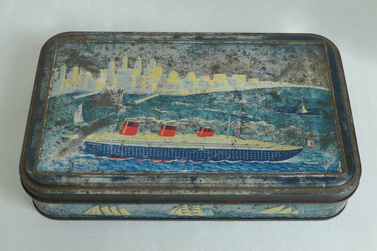 ANCIENNE BOITE TOLE LITHOGRAPHIEE BATEAU PAQUEBOT NORMANDIE