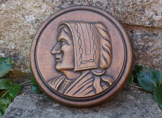 ANCIENNE BOITE EN BOIS SCULPTE SIGNEE VERCOUR BRETAGNE PORTRAIT FEMME COIFFE