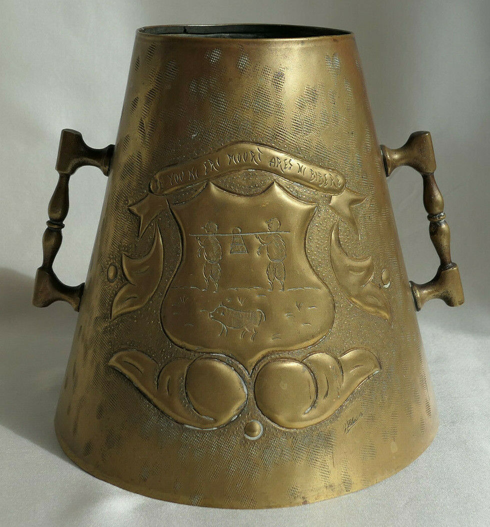 Antique Repoussé Chiselled Brass Pot with SALIES DE BEARN MOTTO, Wild Boar, Circa 1930