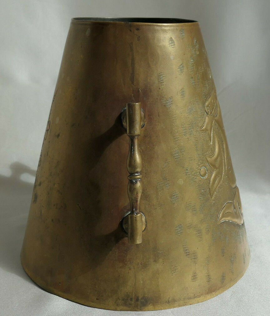 Antique Repoussé Chiselled Brass Pot with SALIES DE BEARN MOTTO, Wild Boar, Circa 1930