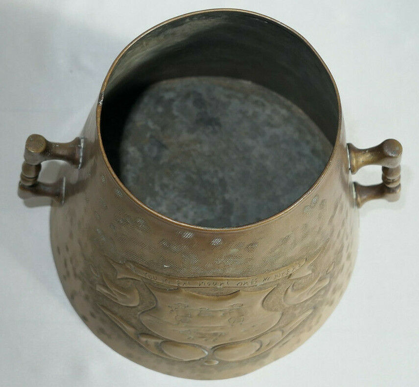 Antique Repoussé Chiselled Brass Pot with SALIES DE BEARN MOTTO, Wild Boar, Circa 1930