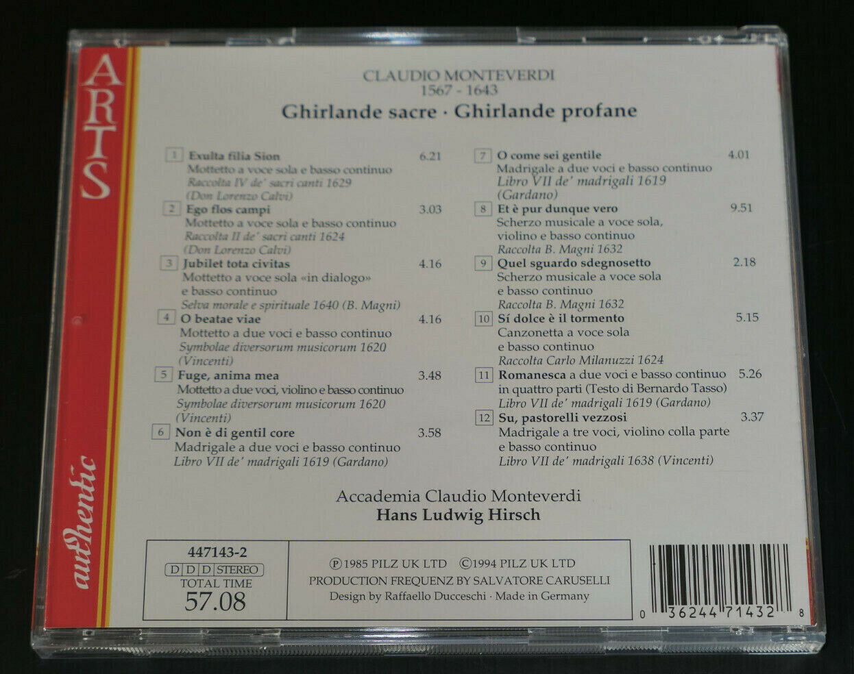 CD CLAUDIO MONTEVERDI / HIRSCH / GHIRLANDE SACRE GHIRLANDE PROFANE / ARTS 1994