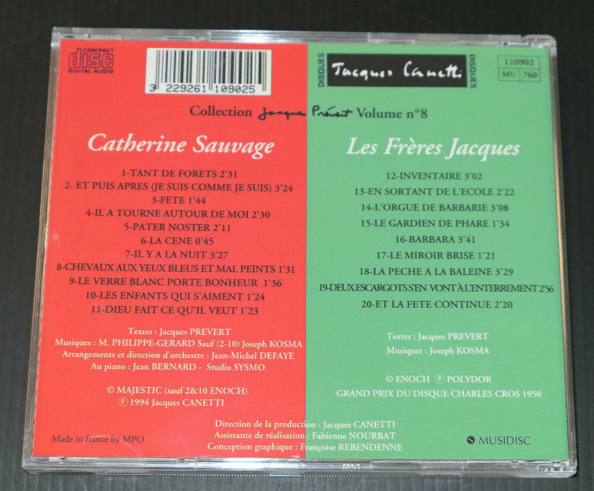 CD CATHERINE SAUVAGE LES FRERES JACQUES / COLLECTION JACQUES PREVERT / CANETTI