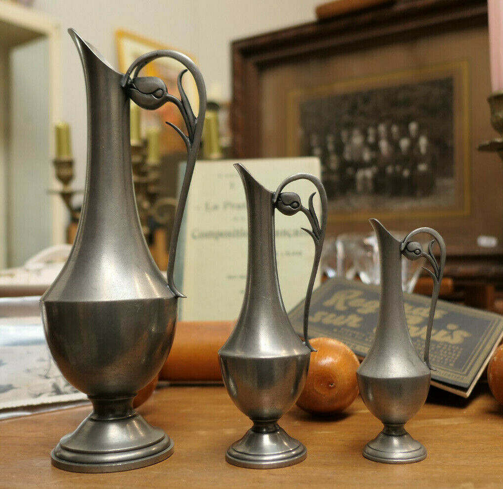 SERIE DE 3 ANCIENNES AIGUIERES EN ETAIN 95% POINCON A IDENTIFIER