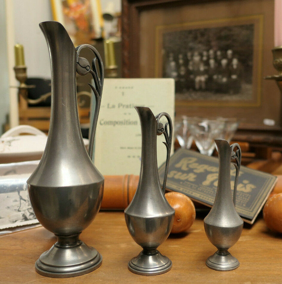 SERIE DE 3 ANCIENNES AIGUIERES EN ETAIN 95% POINCON A IDENTIFIER