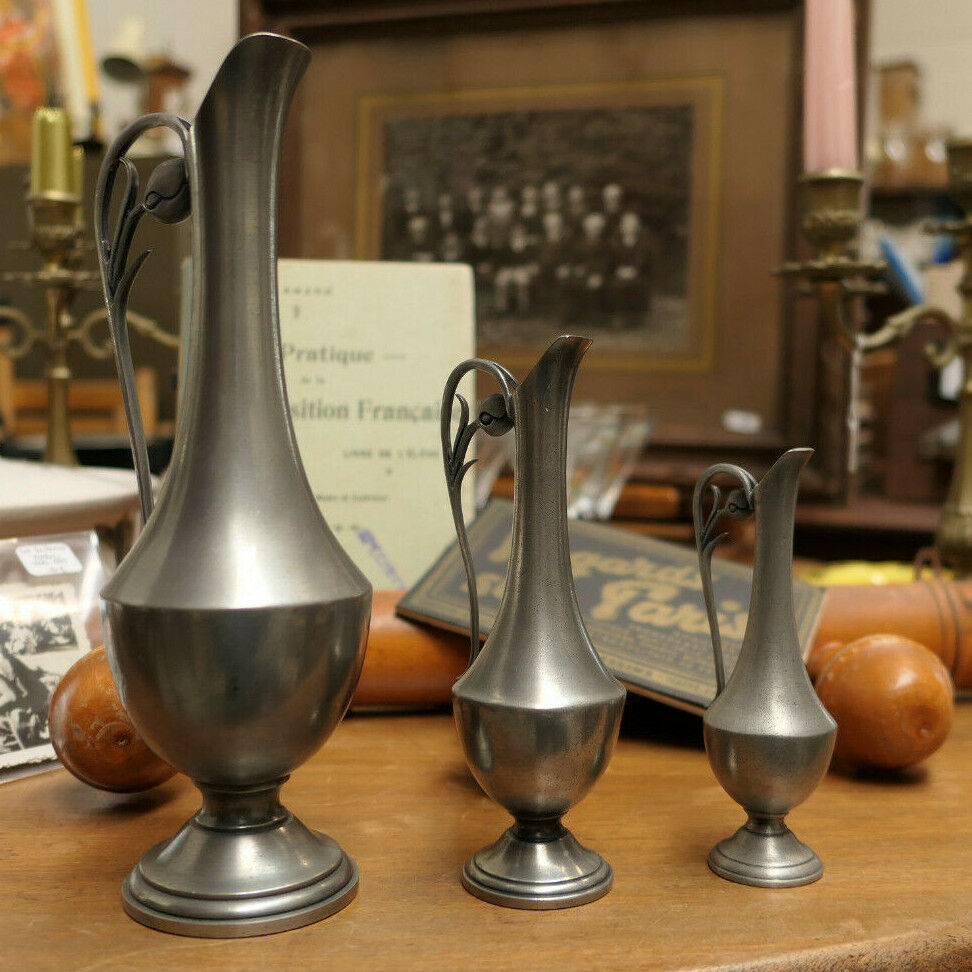 SERIE DE 3 ANCIENNES AIGUIERES EN ETAIN 95% POINCON A IDENTIFIER