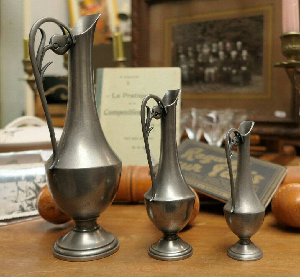 SERIE DE 3 ANCIENNES AIGUIERES EN ETAIN 95% POINCON A IDENTIFIER