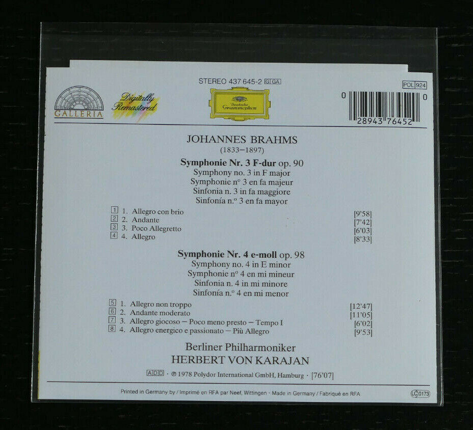 CD JOHANNES BRAHMS / SYMPHONIEN 3 & 4 / BERLINER PHILHARMONIKER / KARAJAN /