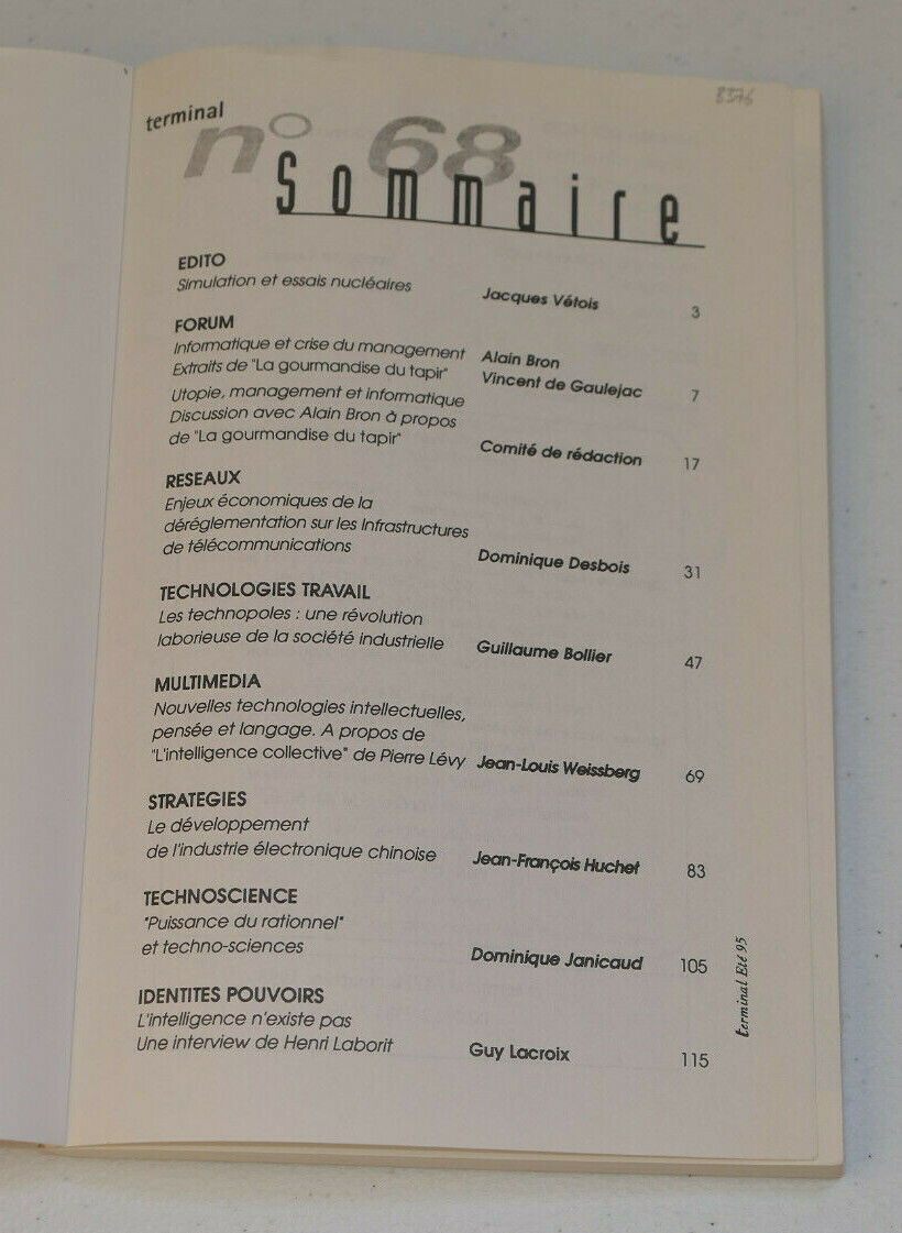 TERMINAL 68 / TECHNOLOGIE DE L'INFORMATION CULTURE ET SOCIETE / L'HARMATTAN 1995