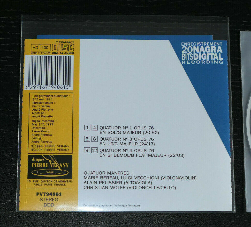 CD JOSEPH HAYDN / STRING QUARTETS OPUS 76 / QUATUOR MANFRED / PIERRE VERANY 1994